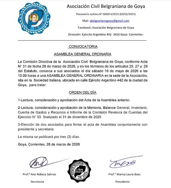 La Asociación Civil Belgraniana de Goya convoca a asamblea general ordinaria