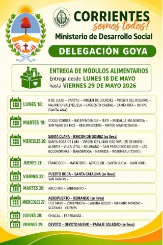 Entrega de módulos alimentarios del Ministerio de Desarrollo Social, delegación Goya