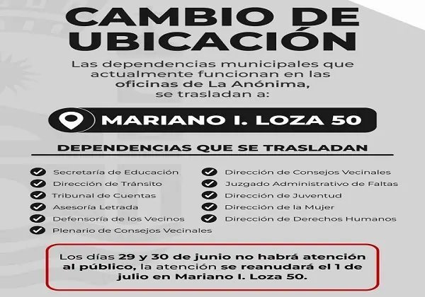 CAMBIO DE UBICACIÓN A PARTIR DEL 1 DE JULIO VARIAS DEPENDENCIAS MUNICIPALES ATENDERÁN EN MARIANO I. LOZA 50