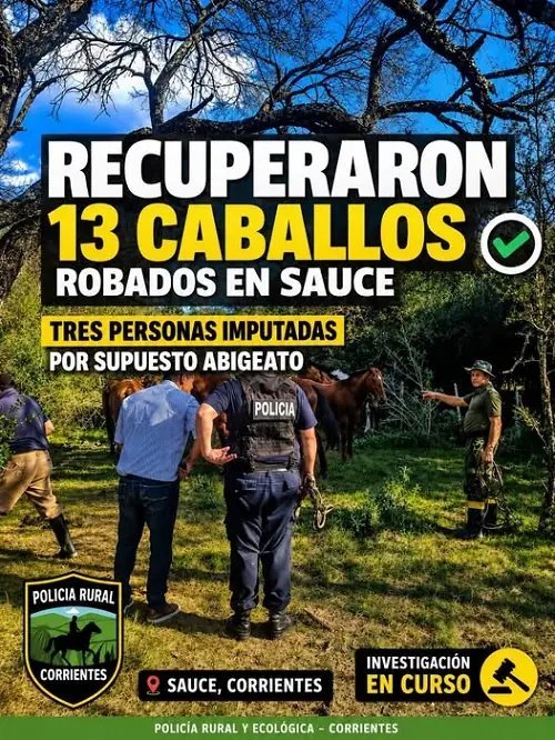 SAUCE: RECUPERAN 13 CABALLOS ROBADOS E IMPUTAN A TRES PERSONAS POR SUPUESTO ABIGEATO